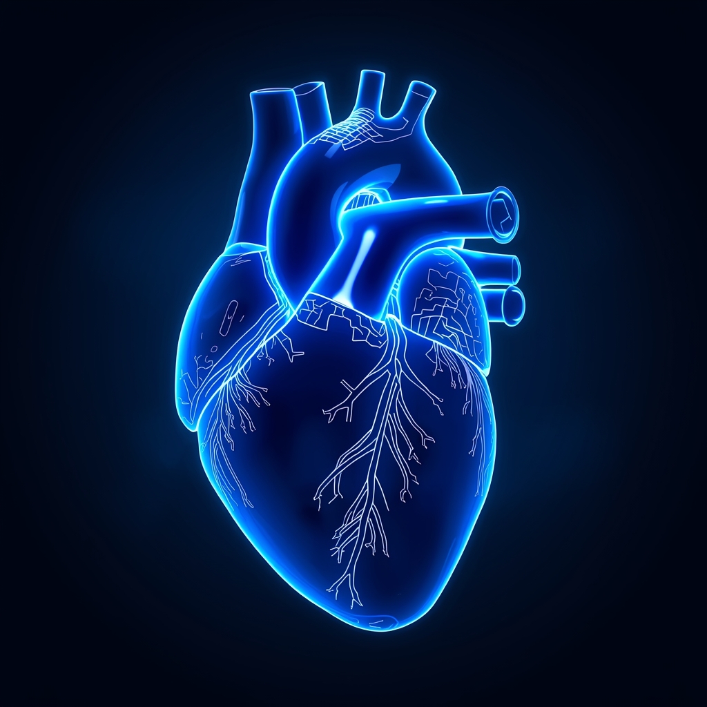 Abstract 3D rendering of a healthy strong heart with blue neon lines, medical technology concept